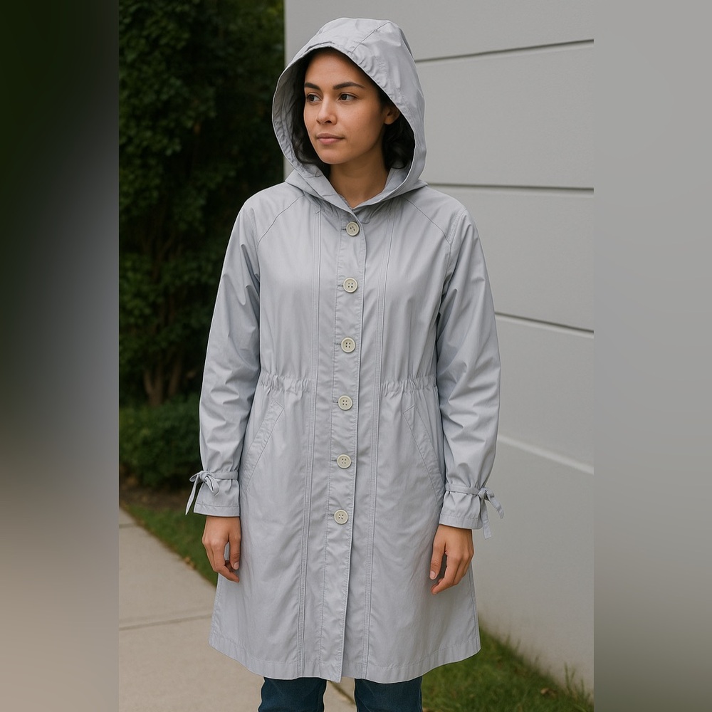 Vintage Eaton's Full Length Hooded Nylon Windbreaker Trench Coat Light Grey